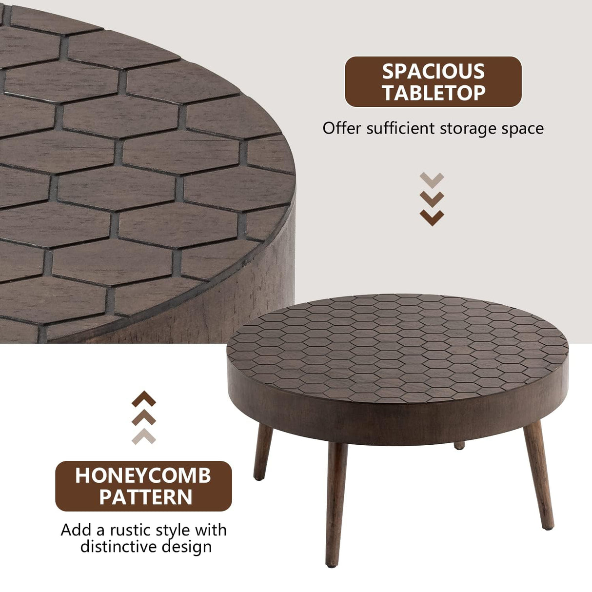 COSIEST Round Coffee Table Set of 2, Nesting Table with Honeycomb Pattern, Modern End Table Set of 2, Wood Cocktail Table for Living Room, Farmhouse, Brown COSIEST