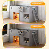 JOYMOR Loft Bed Twin Size with Led Light, Low Loft Bed with Storage Drawer, Modern Farmhouse Loft Bed with Castle Guardrail and Window, Book Rack, Smart APP Control, No Box Spring Needed (Gray) JOYMOR