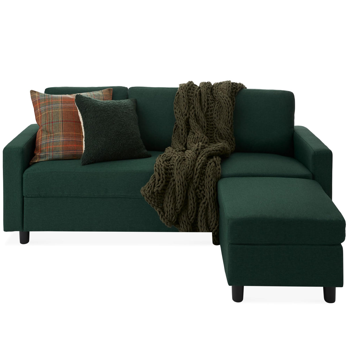 Best Choice Products Upholstered Sectional Sofa for Home, Apartment, Dorm, Bonus Room, Compact Spaces w/Chaise Lounge, 3-Seat, L-Shape Design, Reversible Ottoman Bench, 680lb Capacity - Dark Green Best Choice Products