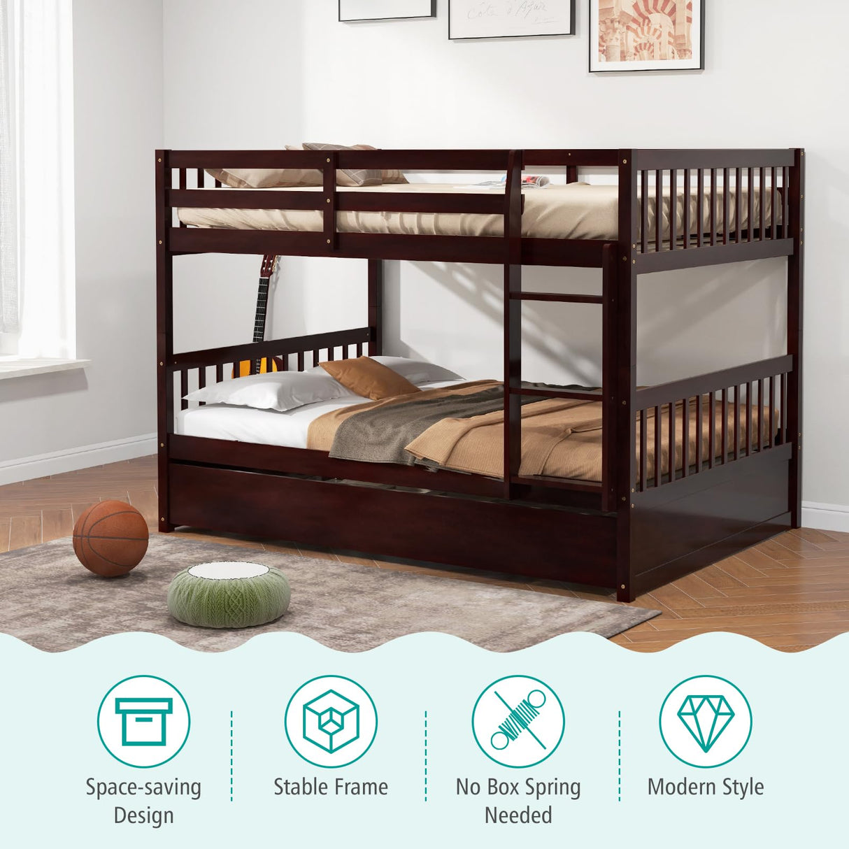 MAT EXPERT Bunk Bed with Trundle, Pine Wood Full Over Full Bunk Beds Frame with Full-Length Guardrails & Ladder, Detachable Bunk Beds Twin Over Full Size for Adults, Teens, Kids (Espresso) MAT EXPERT