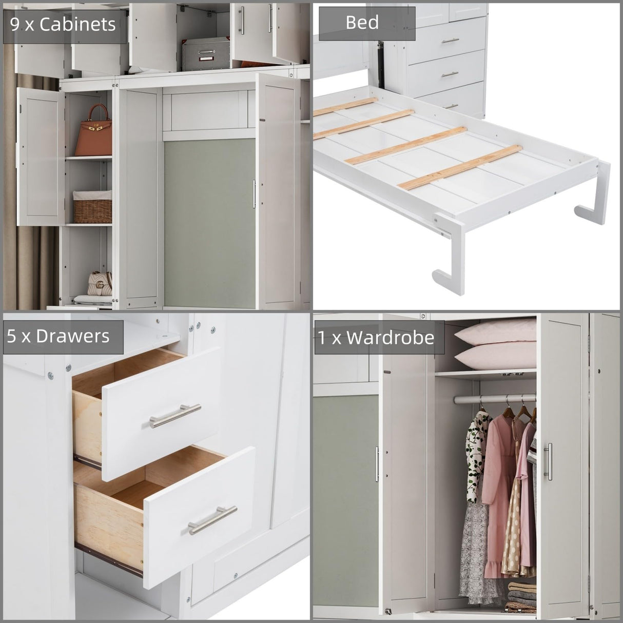 Merax Twin Size 99''H Pine Wood Murphy Bed Cabinet with Lockers and Storage Wardrobes Shelves, Foldable Platform Bedframe for Home, Bedroom, Small Room, Apartment, Includes Installation Video, White Merax