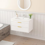 30" Bathroom Vanity Cabinet with Ceramic Sink, Wall-Mounted Floating Vanity, Integrated Sink, 2 Large Storage Drawers, with Sensor LED Light, Metal Handles, for Small Bathroom, Home, Spa, Hotel, White Kikihouse