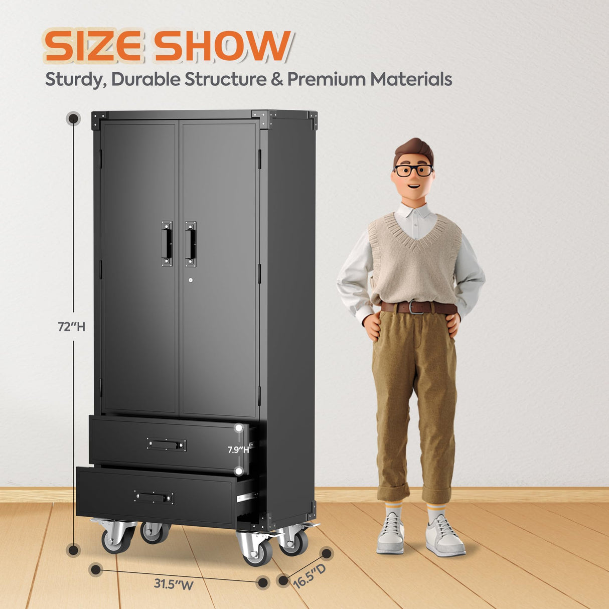 Aobabo Garage Storage Cabinet with 2 Drawers, Lockable Garage Storage Cabinet with Wheels for Garage Home Storage,Black,Required Assembly Aobabo