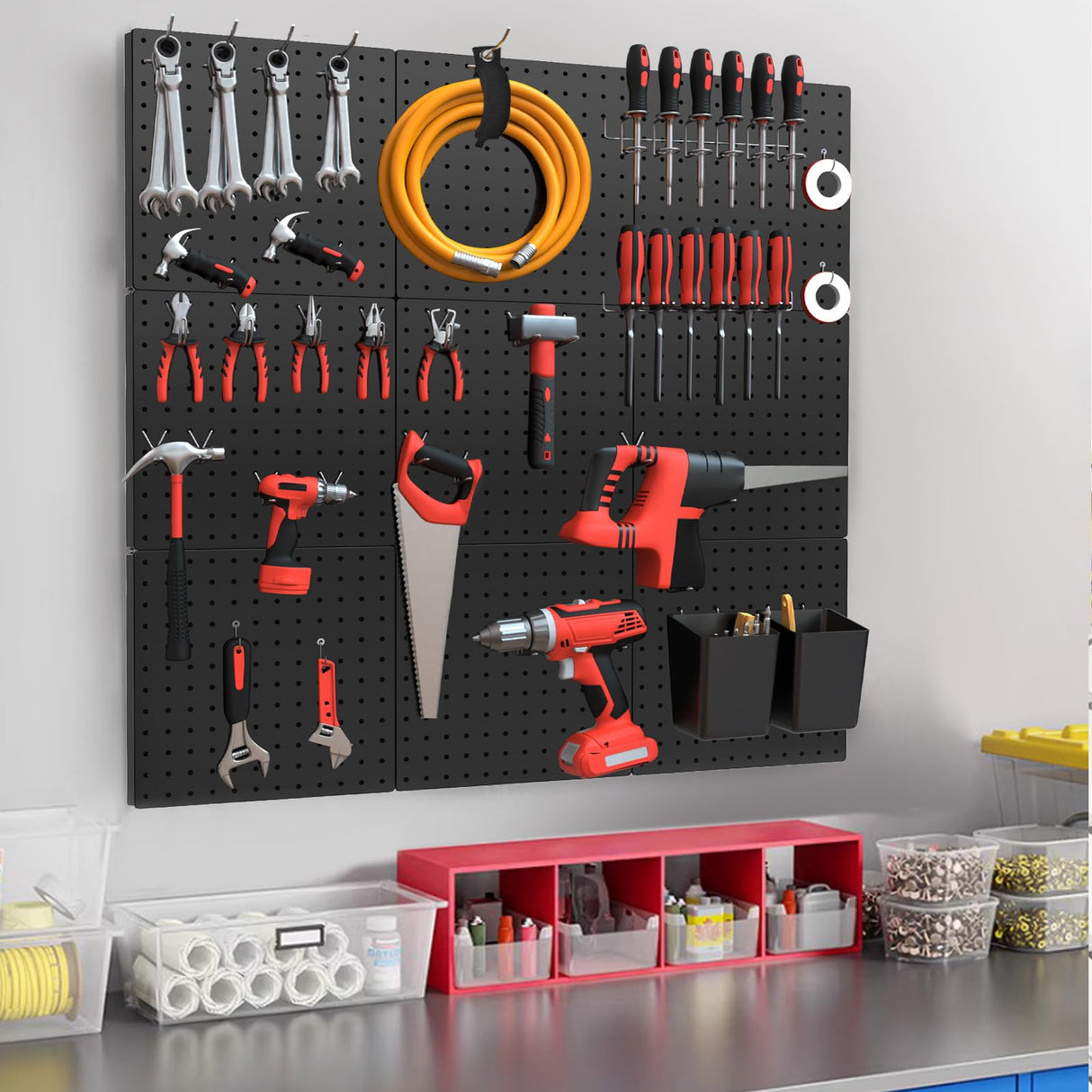 FZK Peg Board, 82PCS Metal Pegboard Wall Organizer Kit. Heavy Duty Pegboard, Peg Boards, Pegboard for Walls, Black Pegboard for Garage Craft Room Workbench Office Kitchen Tool Organization, 36 * 24 FZK