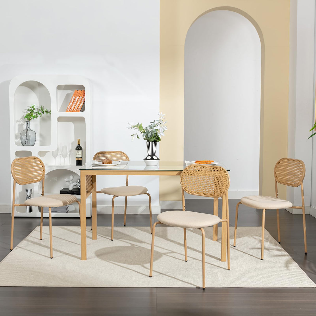 COSVALVE Boho Dining Table Chairs Set of 4, Tempered Glass Tabletop with Rattan Decor, Upholstered Cane Dining Chair with Rattan Back Metal Legs, for Dinner Living Room Reception COSVALVE