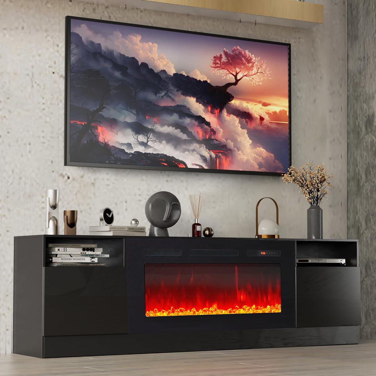 oneinmil Fireplace TV Stand with 36" Electric Fireplace, LED Light Entertainment Center, Modern Wood Texture Entertainment Stand with Highlight Storage Cabinet for TVs Up to 80", 70 inches, Black oneinmil