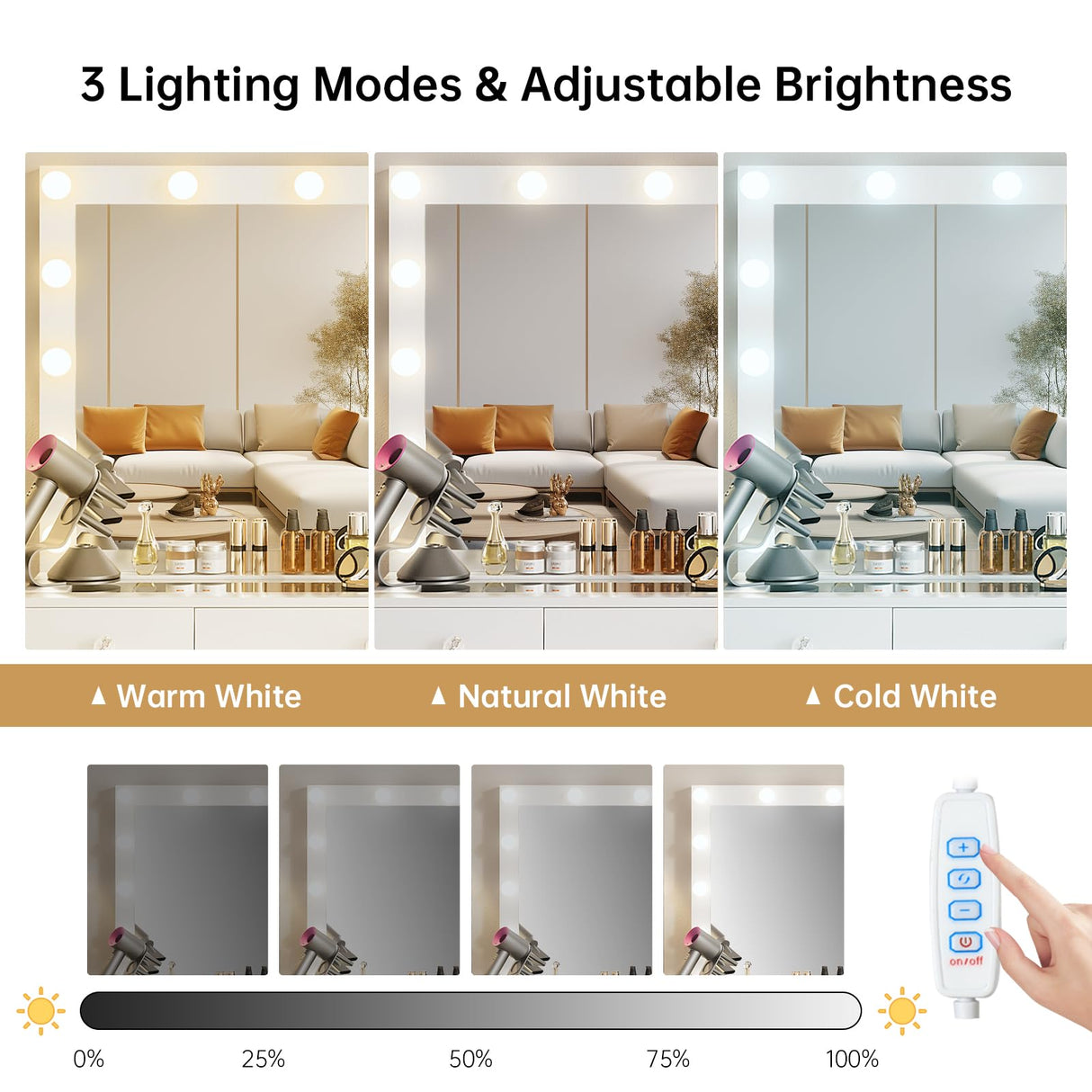 SMOOL Vanity with Lighted Mirror - Makeup Vanity Desk with Power Outlet and 7 Drawers, 3 Color Lighting Modes Adjustable Brightness, 44" Vanity Table with Glass Top for Women Girls, White (White) SMOOL