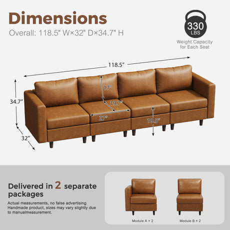 ABCASA 118.5" Faux Leather Modular Sectional Sofa with Storage Seat, Oversized 4 Seater Couch Deep Seat with Removable Cover Brown ABCASA