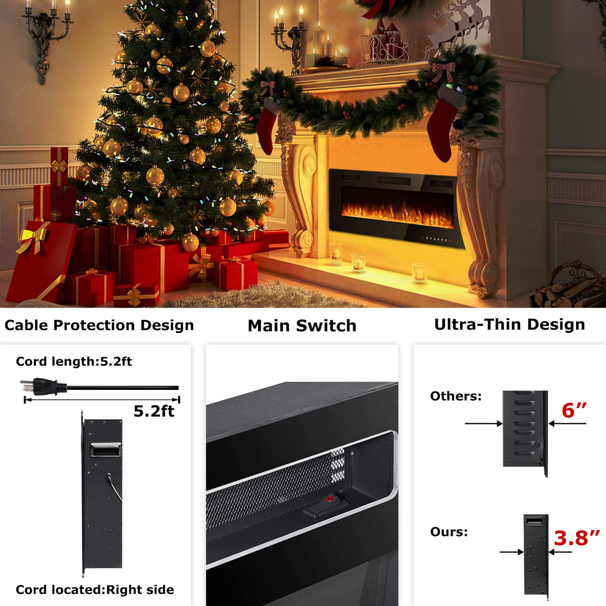 Vitesse 60 inch Ultra-Thin Electric Fireplace in-Wall Recessed and Wall Mounted Fireplace Heater,Linear Fireplace with Multicolor Flame,Timer,Low Noise,750/1500W,Touch Screen & Remote Control(60’’) VITESSE