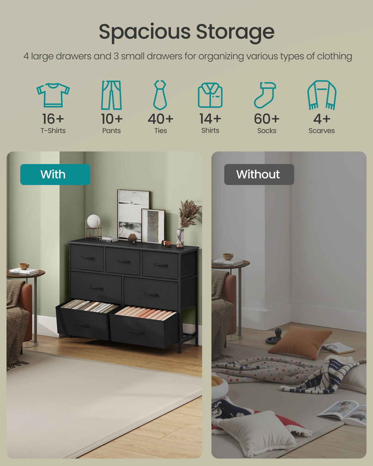 SONGMICS Dresser for Bedroom, Chest of Drawers, TV Stand, Steel, MDF, 7 Non-Woven Fabric Drawers, Storage Organizer Unit, Closet, Entryway, Ink Black and Ebony Black ULGS323B01S SONGMICS