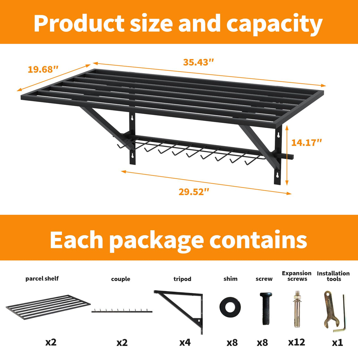 MKZYO Garage Wall Mounted Shelf,Heavy Duty Wall Shelving,Garage Storage Rack with Hooks,Sturdy Shelving,Shelves Organizer with Power Tools Hanger (Black, 35.43×19.68in*2) MKZYO