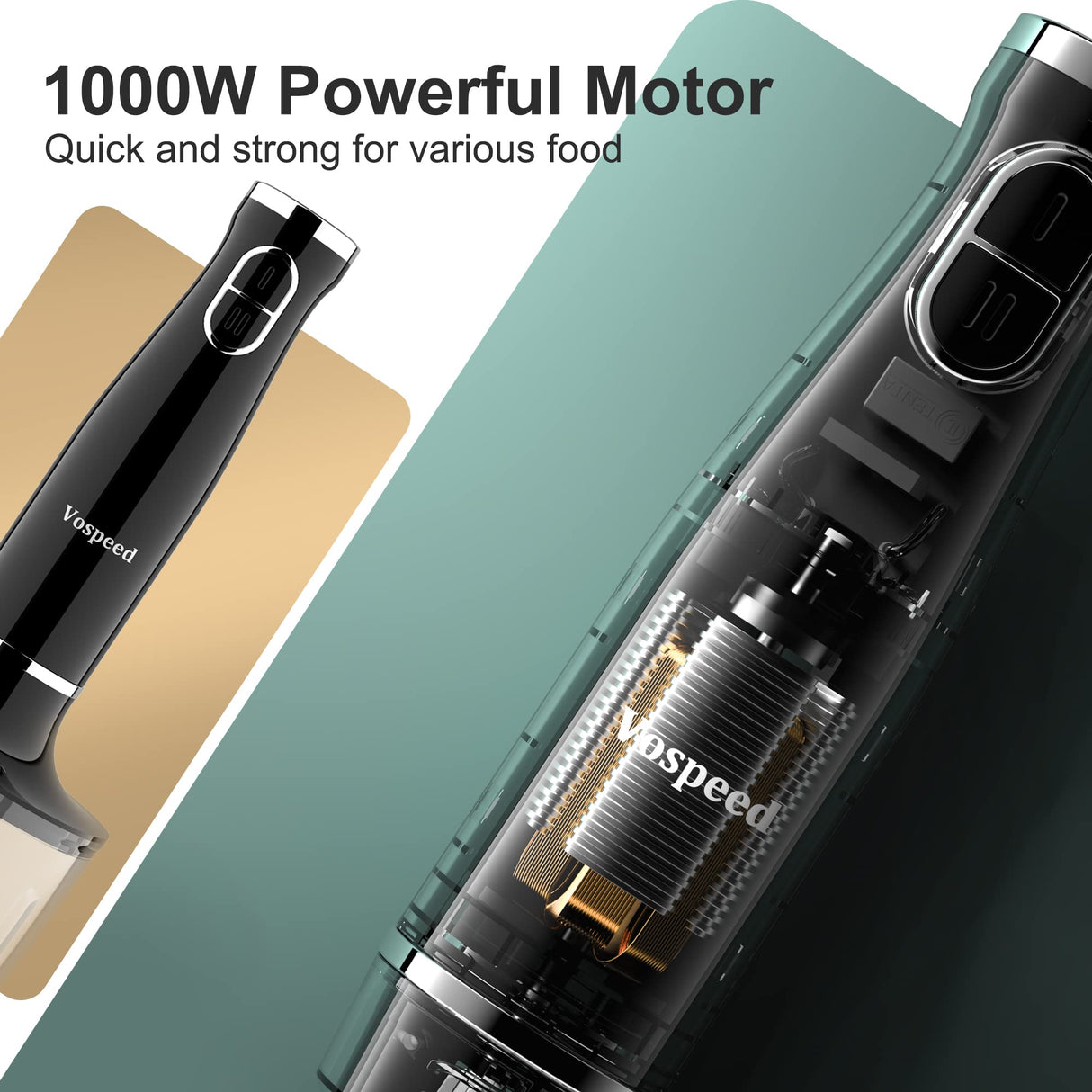 Immersion Blender, Vospeed 1000 Watt 4-in-1 Hand Blender with Chopper, Whisk, 600ml Mixing Beaker, Electric Stick Blender with Two Speed Adjustable, Ergonomic handle, Detachable Vospeed