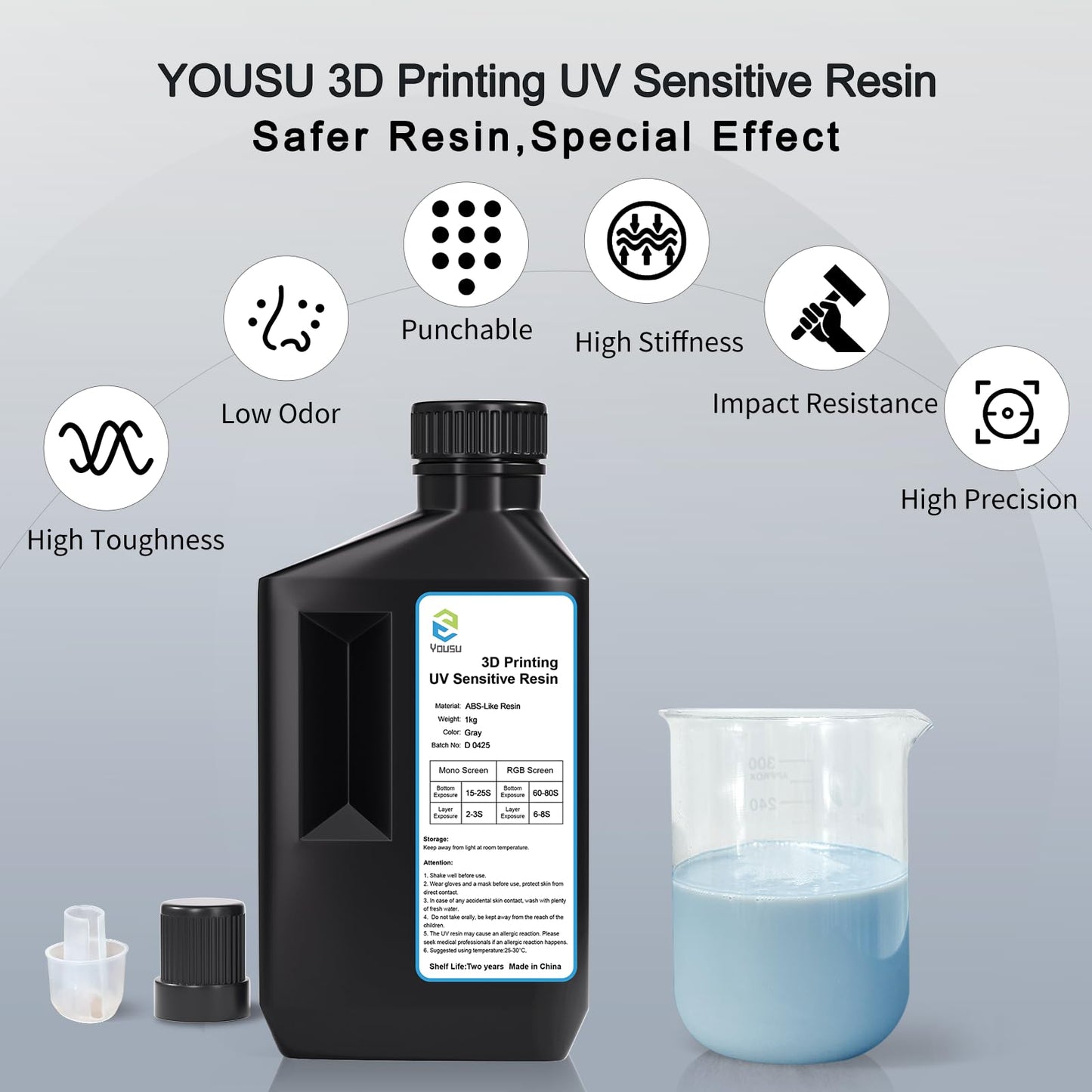 YOUSU ABS-Like 3D Printer Resin 1kg Gray, Rapid LCD UV-Curing Resin 405nm, Standard Photopolymer Resin for LCD 3D Printer