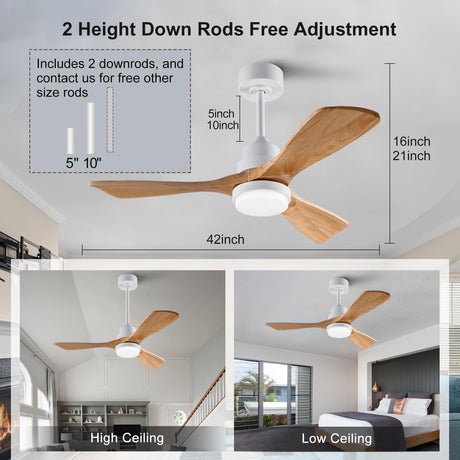 BOJUE 42 Inch White Ceiling Fans with Lights and Remote,Dimmable LED Light,Quite Reversible DC Motor,Memory Function,Modern Solid Wood Indoor Outdoor Ceiling Fan with Light for Farmhouse Bedroom Patio BOJUE