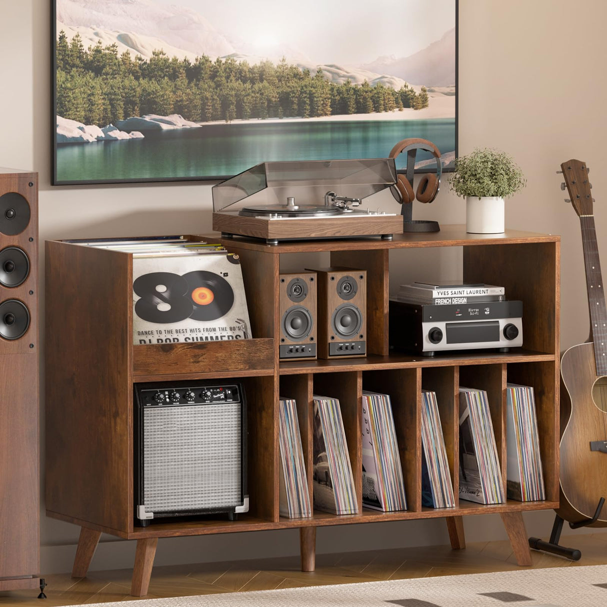 LELELINKY Large Record Player Stand, 48‘’Turntable Stand with Storage, Vinyl Record Holder with Display Area, Record Player Table Holds Up to 450 Albums, Record Stand for Music Room Living Room LELELINKY