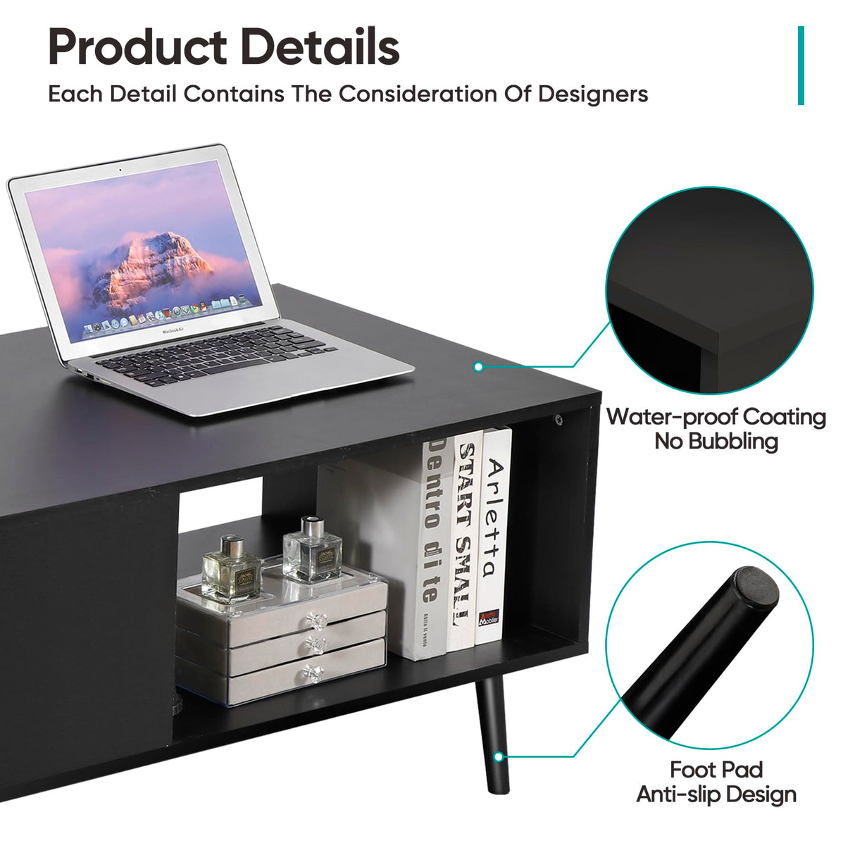 SUPER DEAL 2 Tier Retro Modern Coffee Table with Open Storage Shelf for Living Room, 40 Inch Rectangle Wooden Accent Center Table Sofa Side Table for Indoor Bedroom Apartment Small Spaces, Black SUPER DEAL