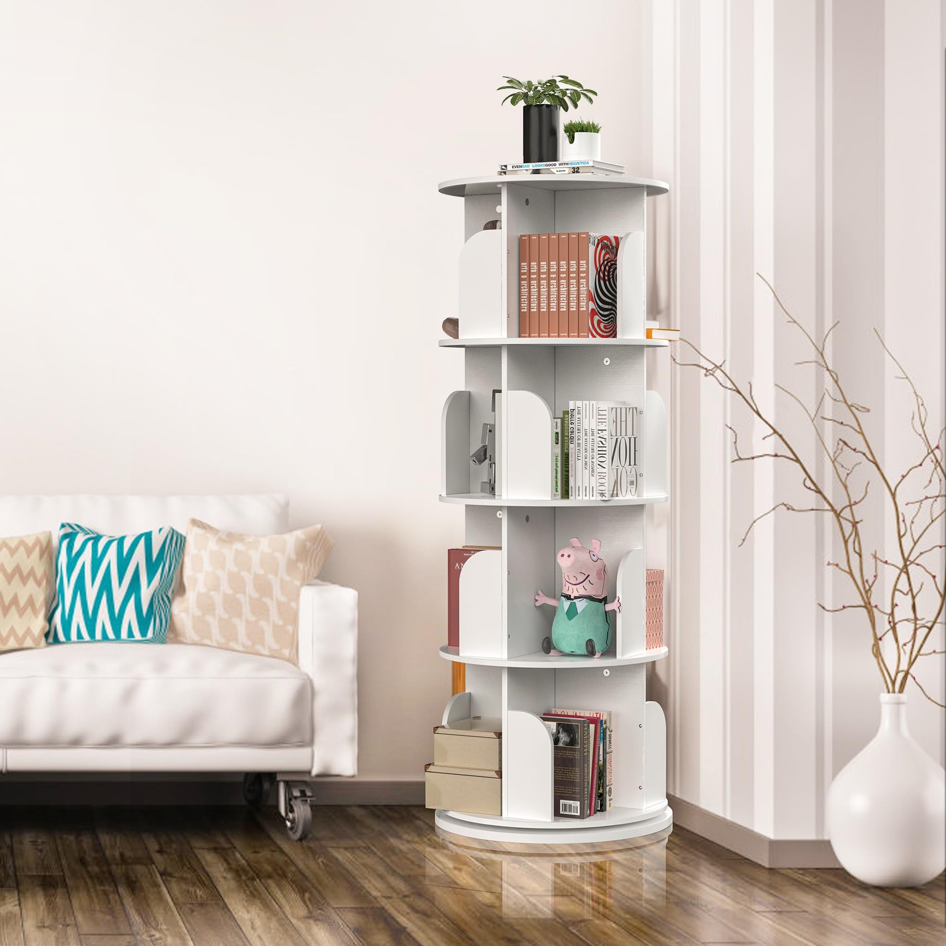 LAZEYARD 360° Rotating White Bookshelf - 4 Tier Floor Standing Storage Rack for Small Spaces - WoodArtSupply