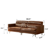 Mid-Century 3-Seater Leather Sofa with Removable Backrest and Cushions, Vintage Modern Lounge Couch for Office, Apartment, Living Room, Bedroom, with Sturdy Metal Legs - 86.61 Inches, Brown NessCarsti