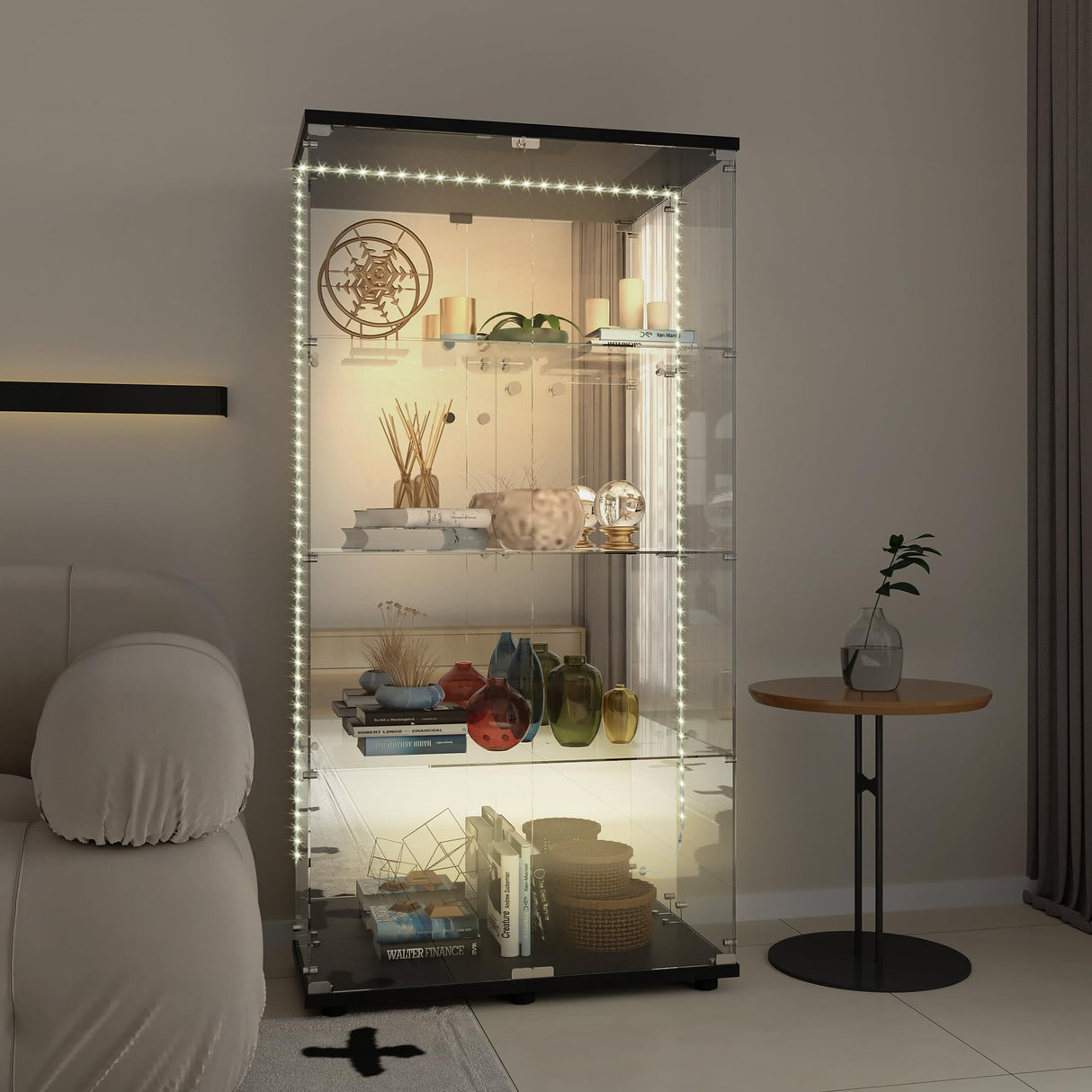 Yoluckea 4-Tier Glass Display Cabinet with Bluetooth LED Light Strip, 2-Door Floor Standing Curio Cabinet with Adjustable Feet and Mirror Back Panel, Black Glass Bookshelf for Collections, Wood Top Yoluckea