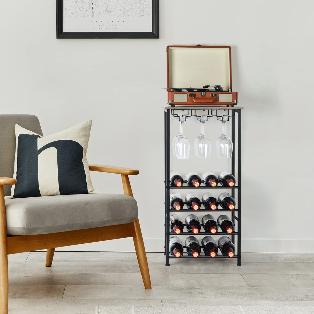 Wine Bottle Holder, Wine Rack Freestanding Floor with Glass Holder Rack, Wood Tabletop & 16 Bottles Holder, Wine Liquor Cabinet Bar for Home Kitchen, Dining Living Room, Gray Oak OYEAL