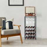 Wine Bottle Holder, Wine Rack Freestanding Floor with Glass Holder Rack, Wood Tabletop & 16 Bottles Holder, Wine Liquor Cabinet Bar for Home Kitchen, Dining Living Room, Gray Oak OYEAL