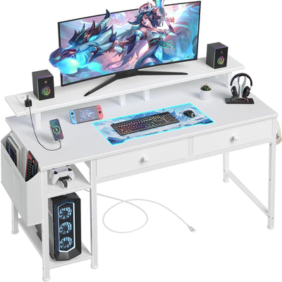 White Computer Desk with Shelves and Drawers - 47 Inch Home Office Desk with Drawers and Shelves, Small White Desk with Shelves, Computer Desk with Monitor Stand, RGB Gaming Desk with Power Outlet