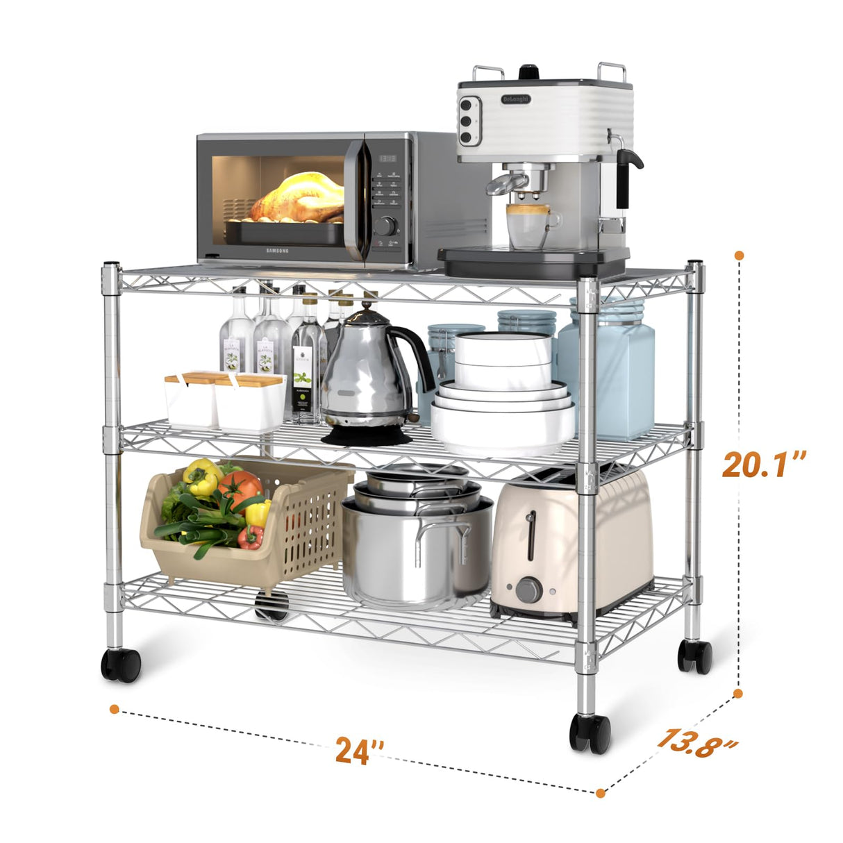 YSSOA 3-Tier Heavy Duty Storage Shelves 750Lb Capacity, 24.02" D x 13.78" W x 21.97" H Shelving Unit for Pantry, Garage, Laundry and Kitchen, Chrome YSSOA