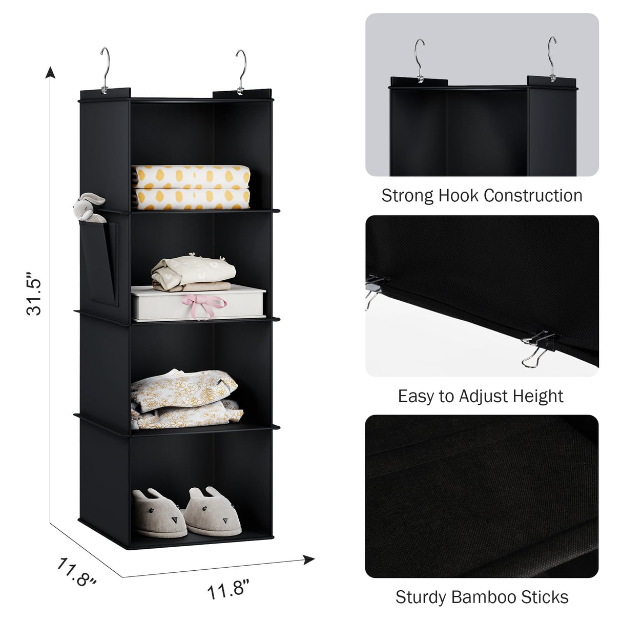 YOUDENOVA Hanging Closet Organizer, 4-Shelf Closet Hanging Storage Shelves, Black YOUDENOVA