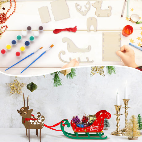 Motiskyy 3 Set DIY Wood Christmas Crafts Kits Unfinished Sleigh and Reindeer Miniature Wooden Model 3D Painting Wooden Sleigh Decorations for Xmas Home Decor Craft Supplies Motiskyy