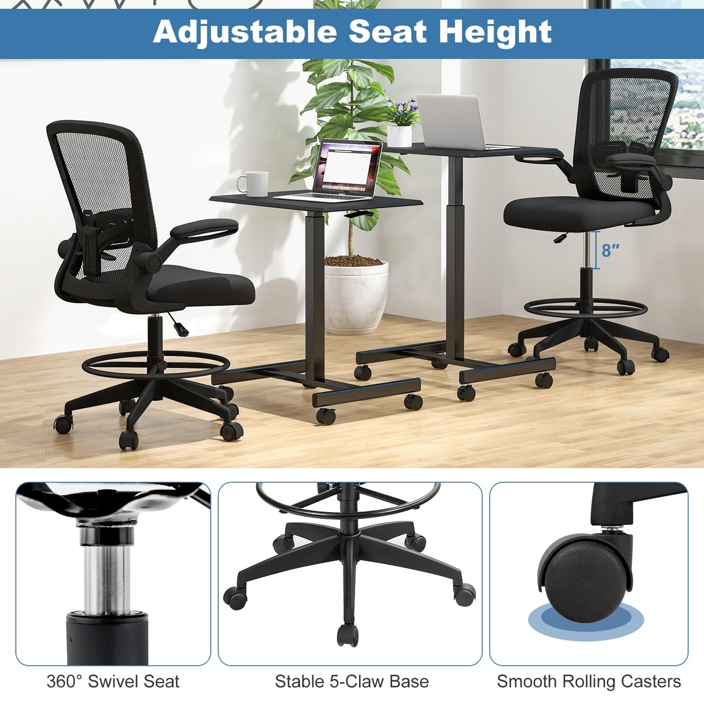 POWERSTONE Drafting Chair, Ergonomic Tall Office Chair Stool Standing Desk Chair with High Back and Flip-up Armrests Adjustable Rolling Workbench Stool with Footrest (Black 1 pcs) - WoodArtSupply