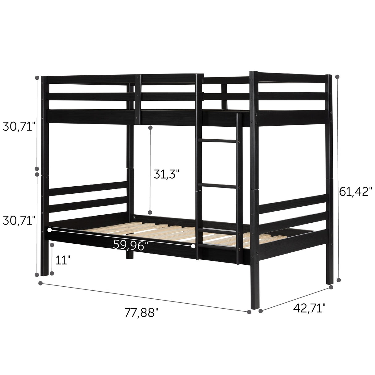 South Shore Fakto Solid Wood Bunk Beds, Matte Black South Shore