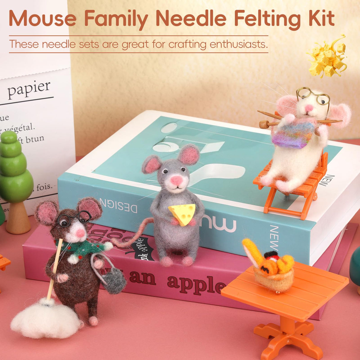 OEHPICC Mouse Family Needle Felting Kit,Needle Felting Starter Kit, Mice Felting Kit for Beginner Adults with Felting Supplies and Instructions for DIY Felting OEHPICC