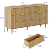 LYNSOM 6 Drawers Fluted Dresser for Bedroom, 55" Wide Modern Chest of Drawers with Metal Handle and Curved Profile Design, Dresser TV Stand, Wood Drawer Organizer for Living Room, Hallway, Natural Oak LYNSOM
