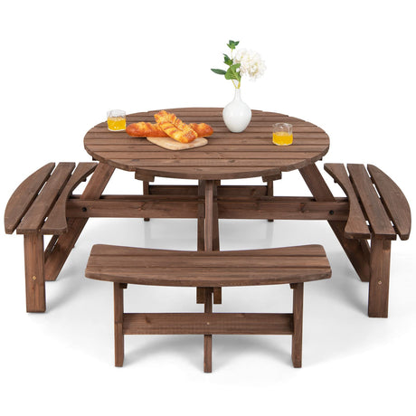 Tangkula 8 Person Wood Picnic Table, Outdoor Round Picnic Table with 4 Built-in Benches, Umbrella Hole, Outside Table and Bench Set for Garden, Backyard, Porch, Patio, 500lbs Capacity Per Bench Tangkula