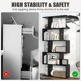 Giantex 5-Tier Geometric Bookshelf Set of 2 Black, 62.5" Tall Wood S-Shaped Bookcase with Anti-Tipping Device, Floor Standing Display Shelf for Bedroom, Living Room, Study Giantex