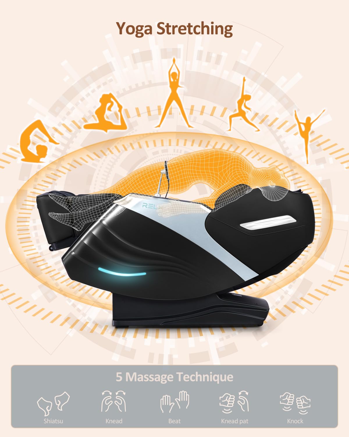 RELX 2025 Massage Chair Full Body, 15 Modes Zero Gravity SL-Track Shiatsu Massage Chair Built-in Heat System, Airbag Massage with Body Scan, Deep Yoga Stretch, Calfrest Extension and AI Control(Black) RELX