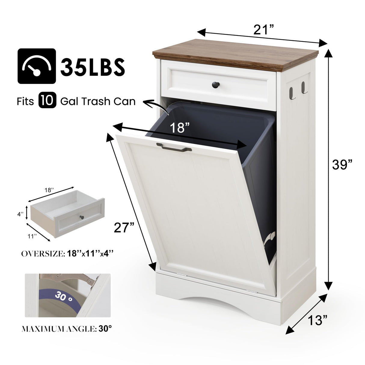 NEWOWNDS Tilt Out Trash Can Cabinet 10 Gallon Hidden Trash Garbage Can Cabinet with Drawer,Waterproof Cutting Board,Pet Proof Hidden Garbage,Pet Feeding Bowls for Kitchen,Laundry Bathroom,White NEWOWNDS