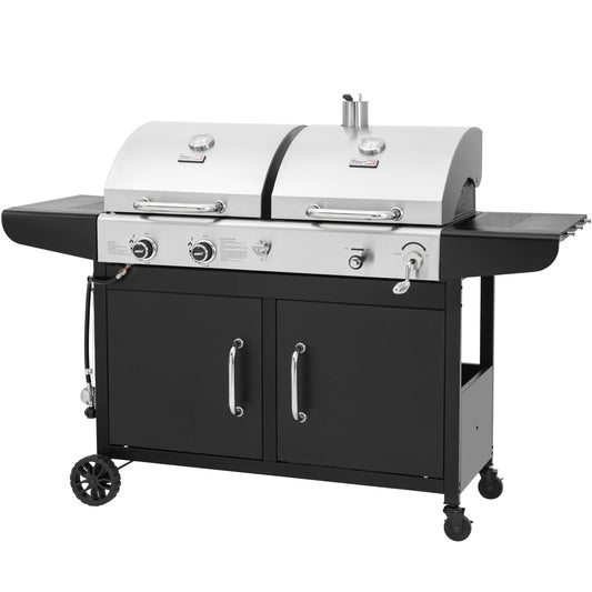 Royal Gourmet ZH3002N Propane Gas and Charcoal Grill Combo, Dual Fuel BBQ Grill with 2 Side Shelves for Outdoor Patio Garden Backyard Barbecue, 20,000 BTUs, Silver & Black