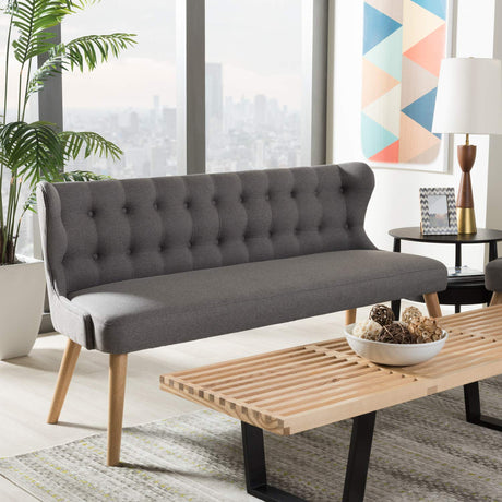 Baxton Studio Melody Mid-Century Modern Grey Fabric and Natural Wood Finishing 3-Seater Settee Bench Baxton Studio