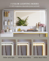 DWVO Vanity Desk with LED Lighted Mirror and 3 Lighting Modes, L-Shaped Corner Vanity Table, 48" Large Dressing Table with 5 Tempered Glass Drawers with Open Storage Shelves, White DWVO