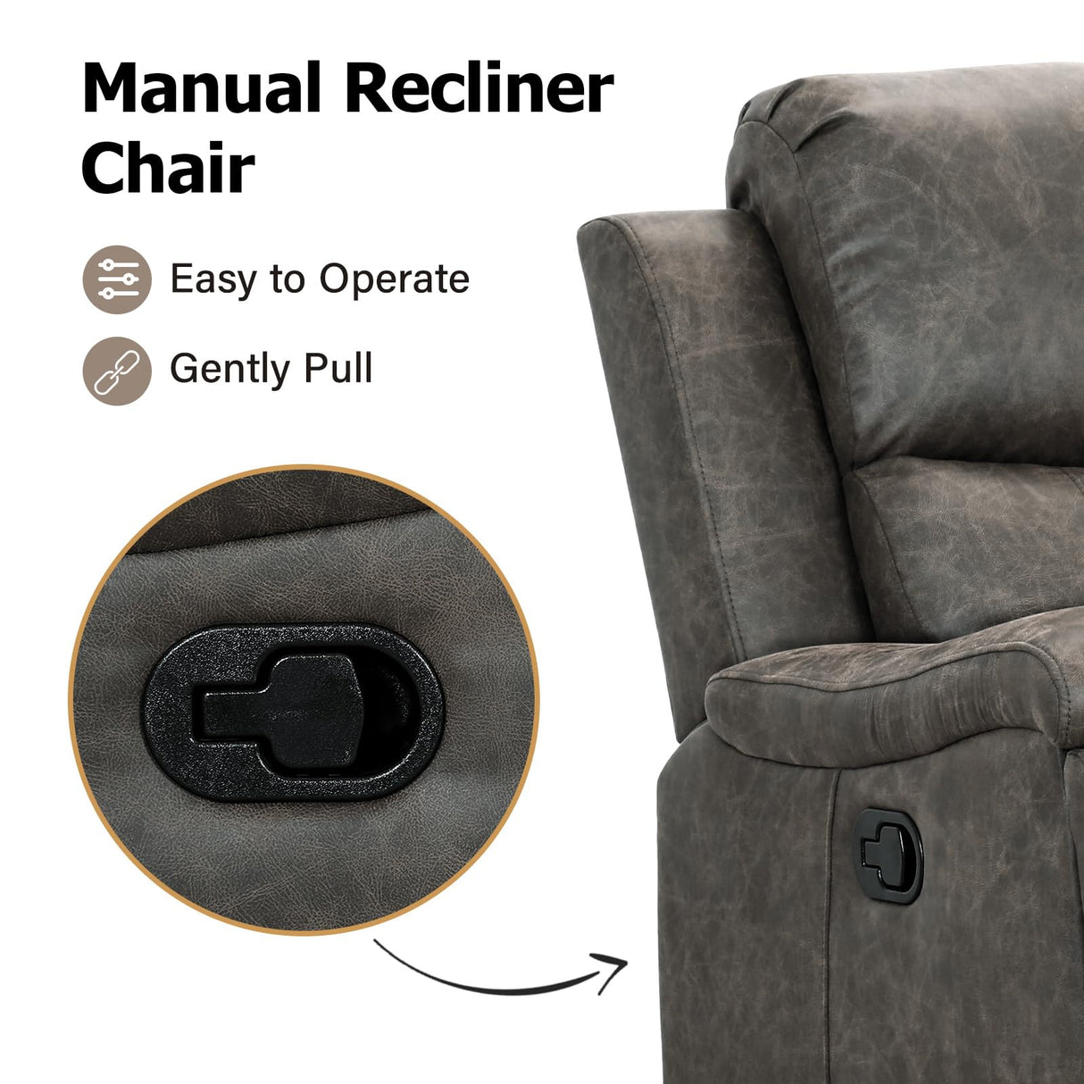 CANMOV Leather Recliner Chair, Classic and Traditional Manual Recliner Chair with Overstuffed Arms and Back, Manual Single Sofa with Concealed Cup Holders,Grey CANMOV