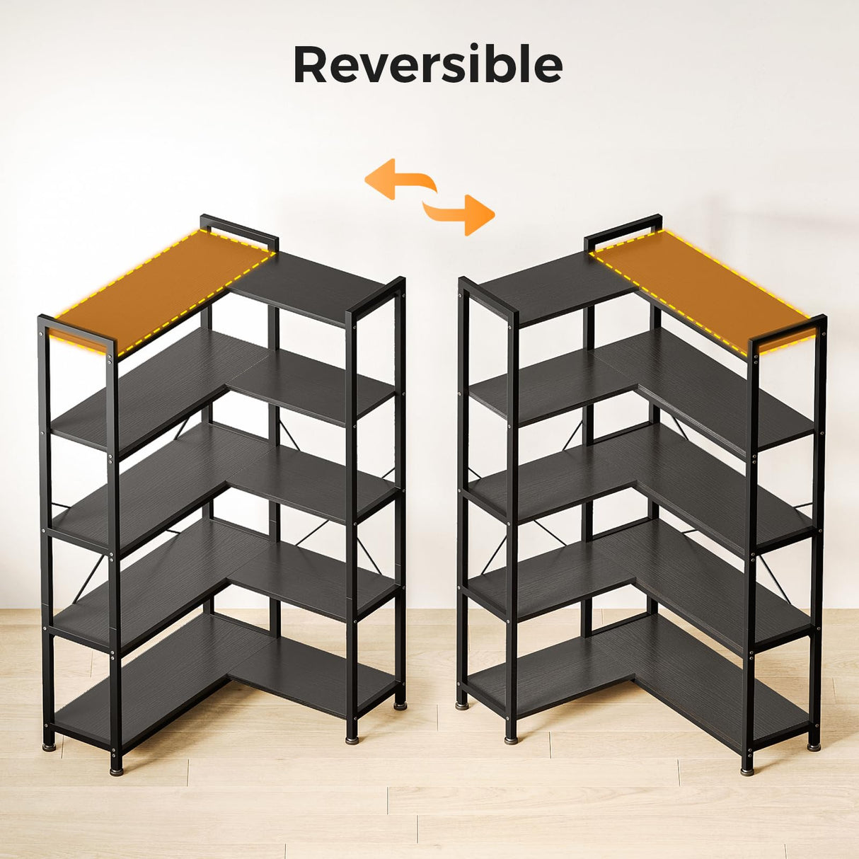 Casaottima Corner Bookshelf 5 Tier, 57 Inches Reversible Book Shelf for Living Room, Industrial Wooden Bookcase with Open Shelves and Metal Frame for Bedroom, Home Office, Kitchen, Black Casaottima