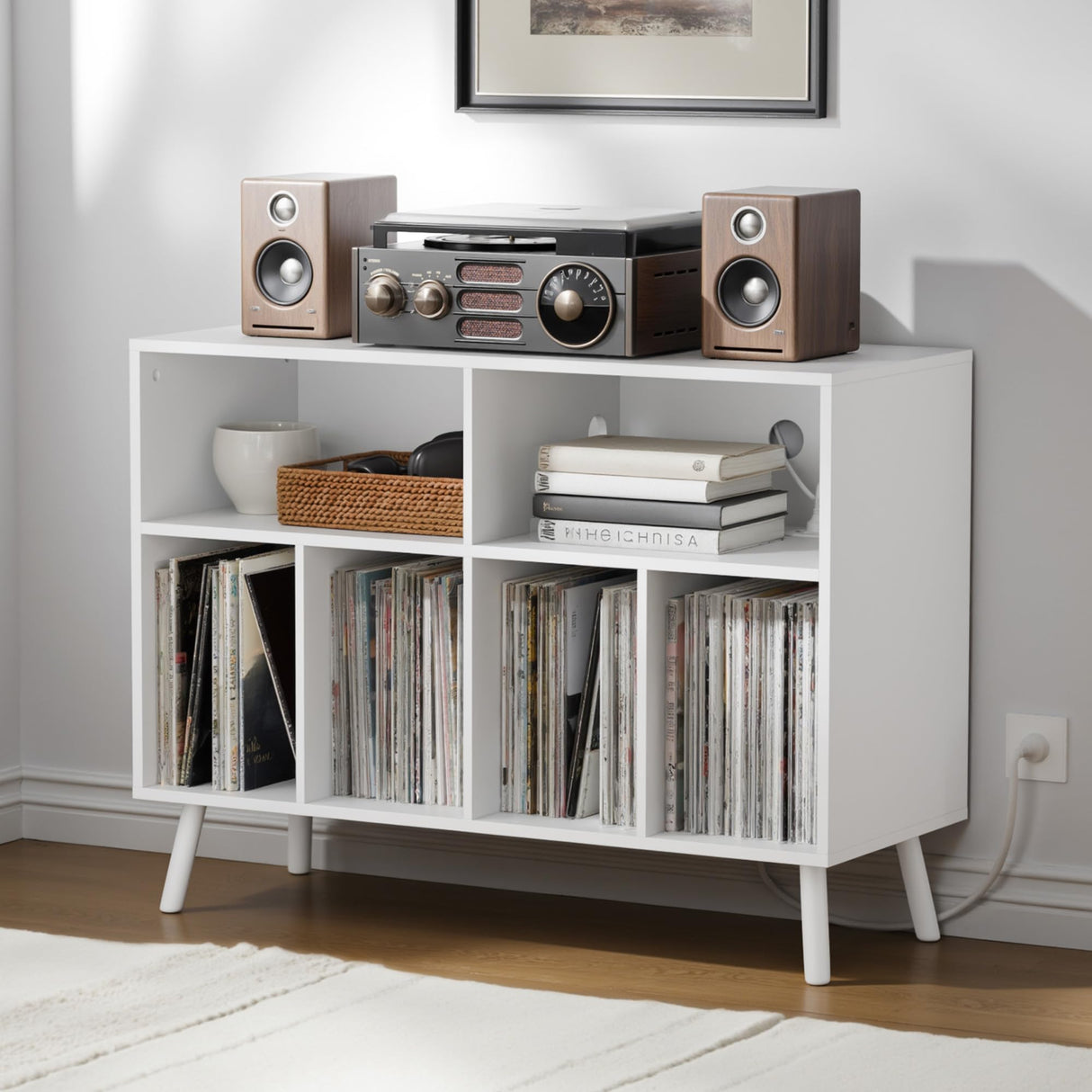 Cozy Castle Record Player Stand, Turntables Stand with Charging Station and Vinyl Record Storage Holds up to 350 Albums, Record Stand Table for Living Room, Office, White Cozy Castle