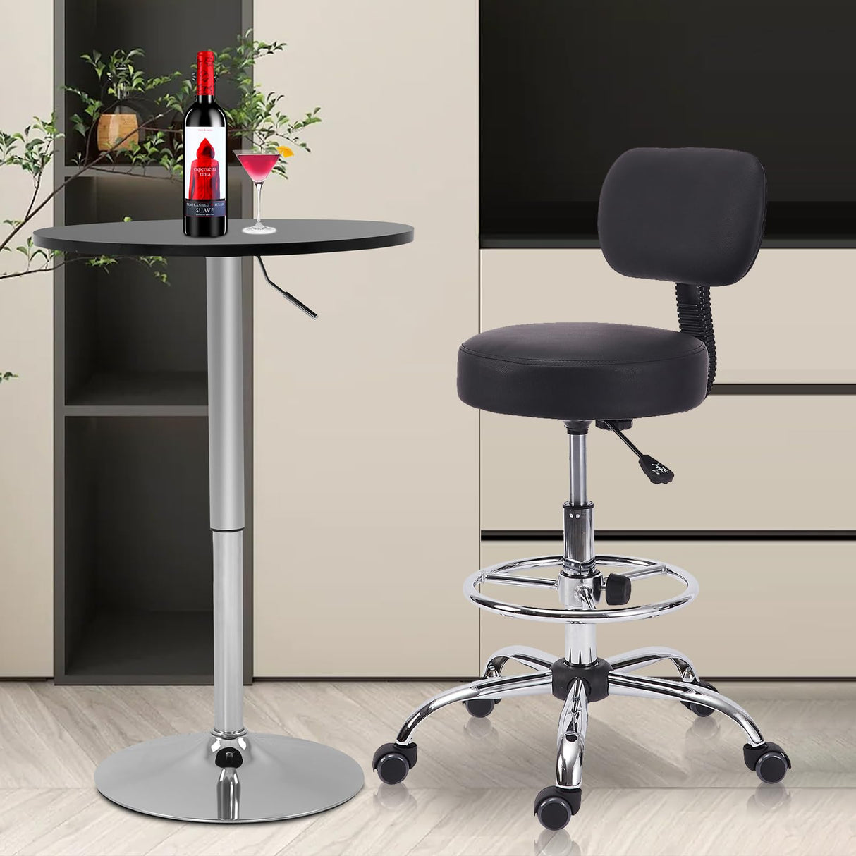 KLASIKA Drafting Chair with Backrest, Adjustable Foot Rest Height Rolling Stool with Wheels, Leather Swivel Work Shop Office Stools Chairs, Thick Seat Cushion Tall Kitchen Home Bar Stool - Black KLASIKA