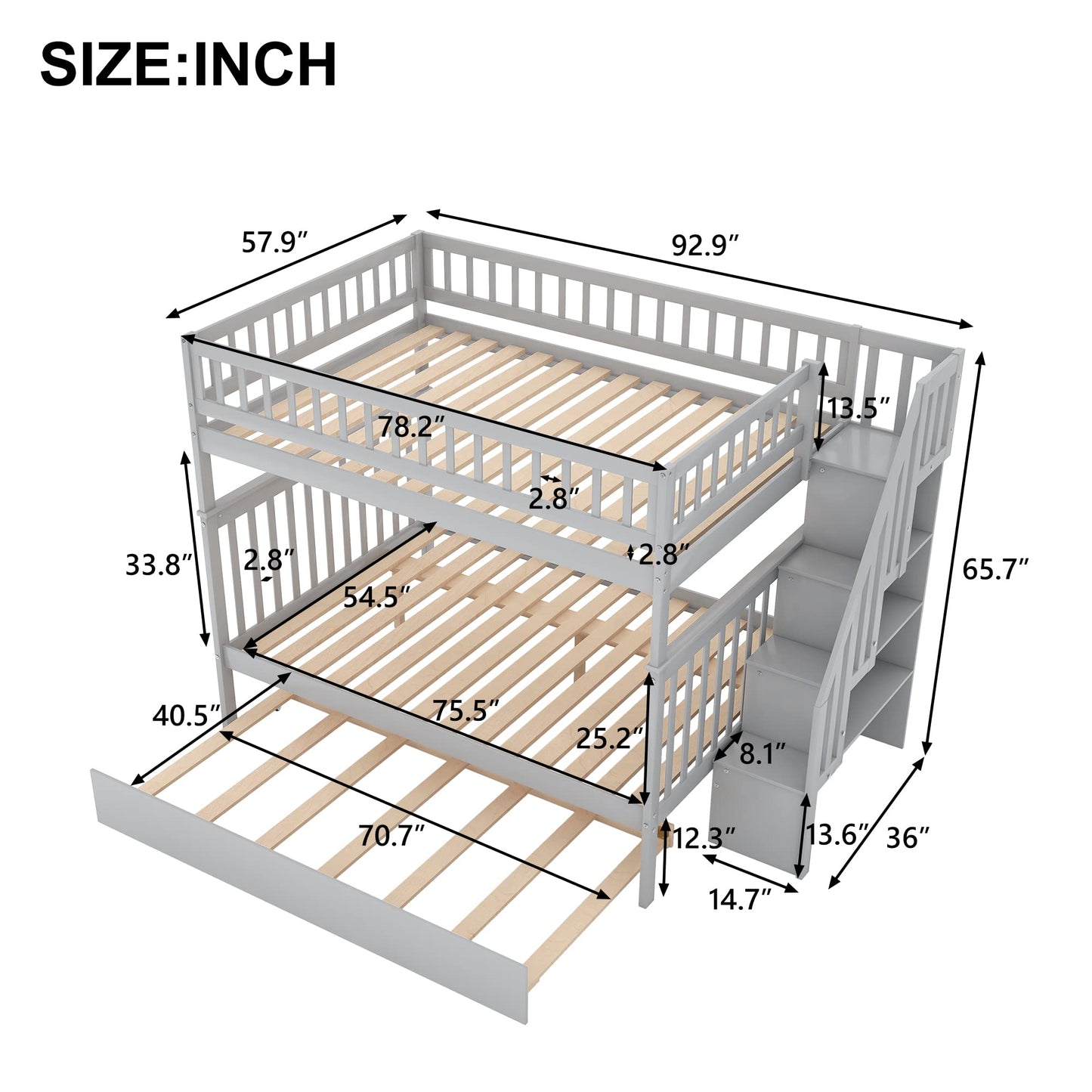 Merax Grey Full-Over-Full Stairway Bunk Bed with Trundle, Convertible into 3 Beds - WoodArtSupply