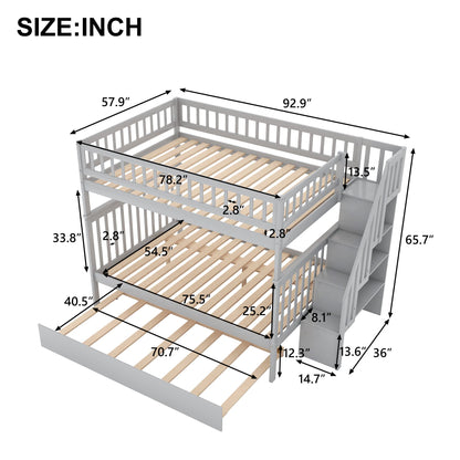 Merax Grey Full-Over-Full Stairway Bunk Bed with Trundle, Convertible into 3 Beds - WoodArtSupply