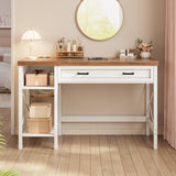 SEDETA 40" Study Table, Small Computer Desk with Drawer & Storage Shelves, Farmhouse Writing Desk for Small Space, White Home Office Desk with Power Outlet, Desk for Bedroom, Living Room SEDETA