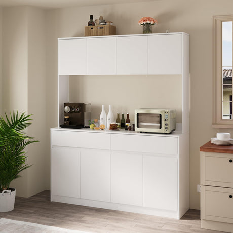 71" Kitchen Pantry Cabinet, Kitchen Hutch with Microwave Stand, Buffet Cabinet with Large Storage Drawers for Dining Room (White) Bobve