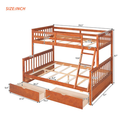 MERITLINE Walnut Twin Over Full Bunk Bed with Storage Drawers - Safe, Stylish, and Space-Saving for Kids and Teens - WoodArtSupply