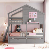 Harper & Bright Designs House Bunk Bed for Kids, Twin Over Twin Bunk Beds with Storage Drawers & Shelf, Solid Wood Bunk Bed with Roof & Window for Kids Girls Boys Teens,Gray Harper & Bright Designs